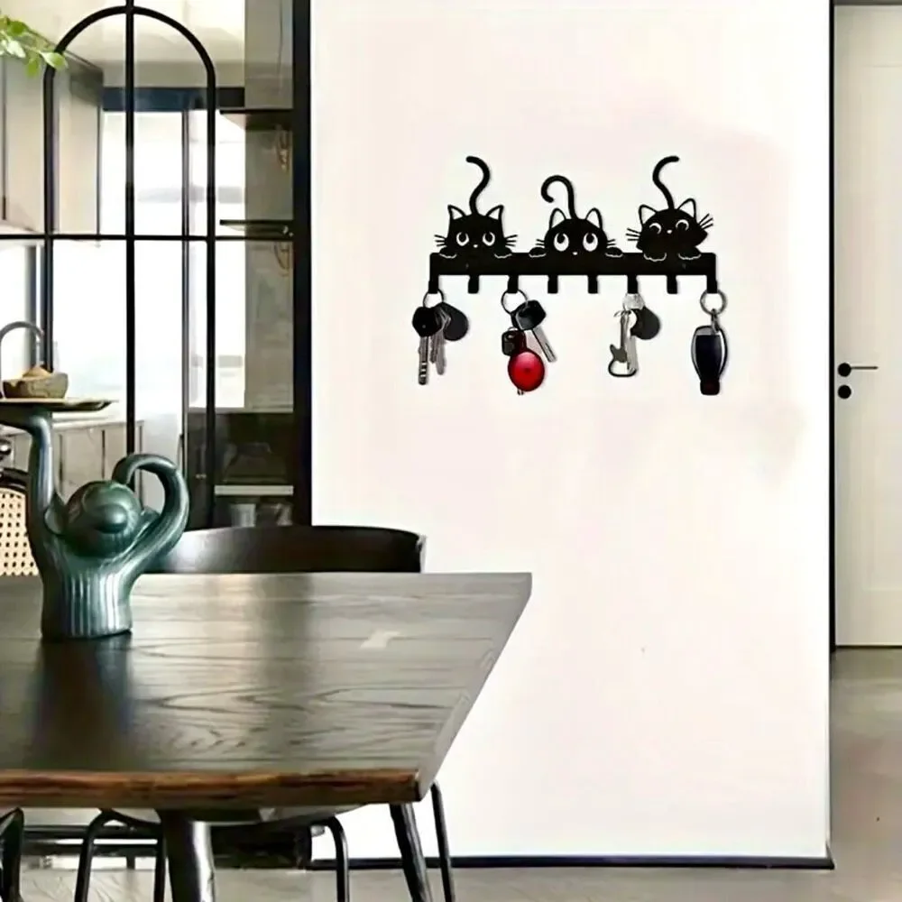 NWT Gorgeous 3 Black Cats Hanger Metalic 8 Hooks Wall Mount Key Holder Organizer